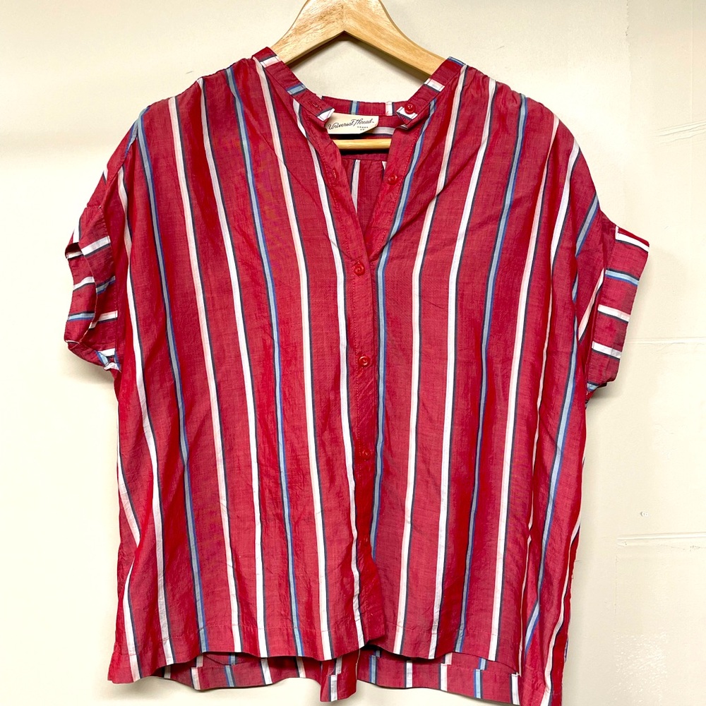 Red, white and blue boxy button up shirt!